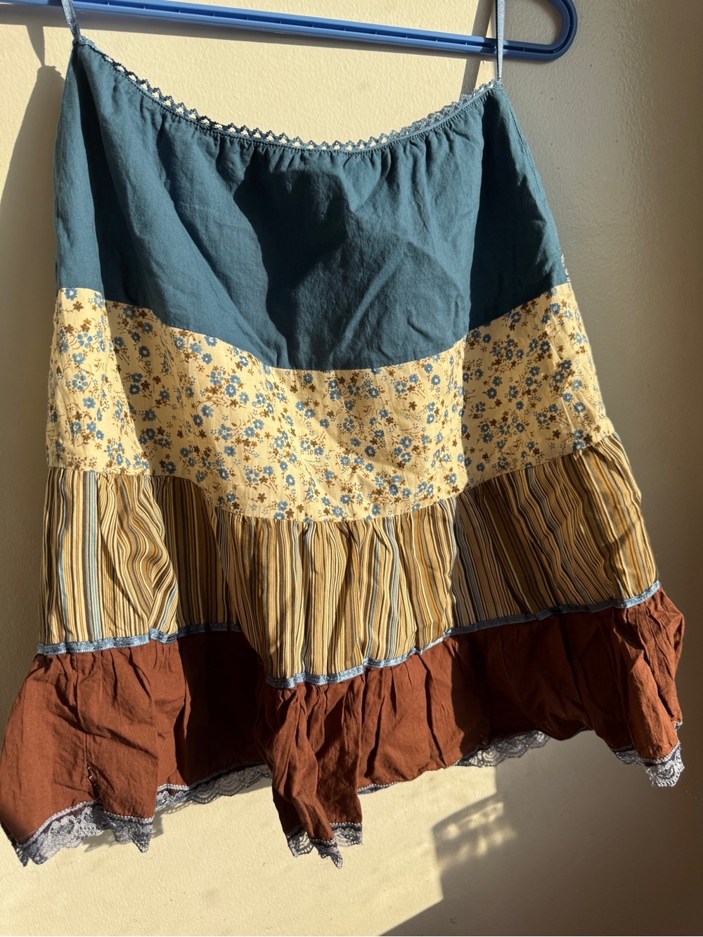 Tiered Bohemian Patchwork Skirt in Teal, Mustard & Brown